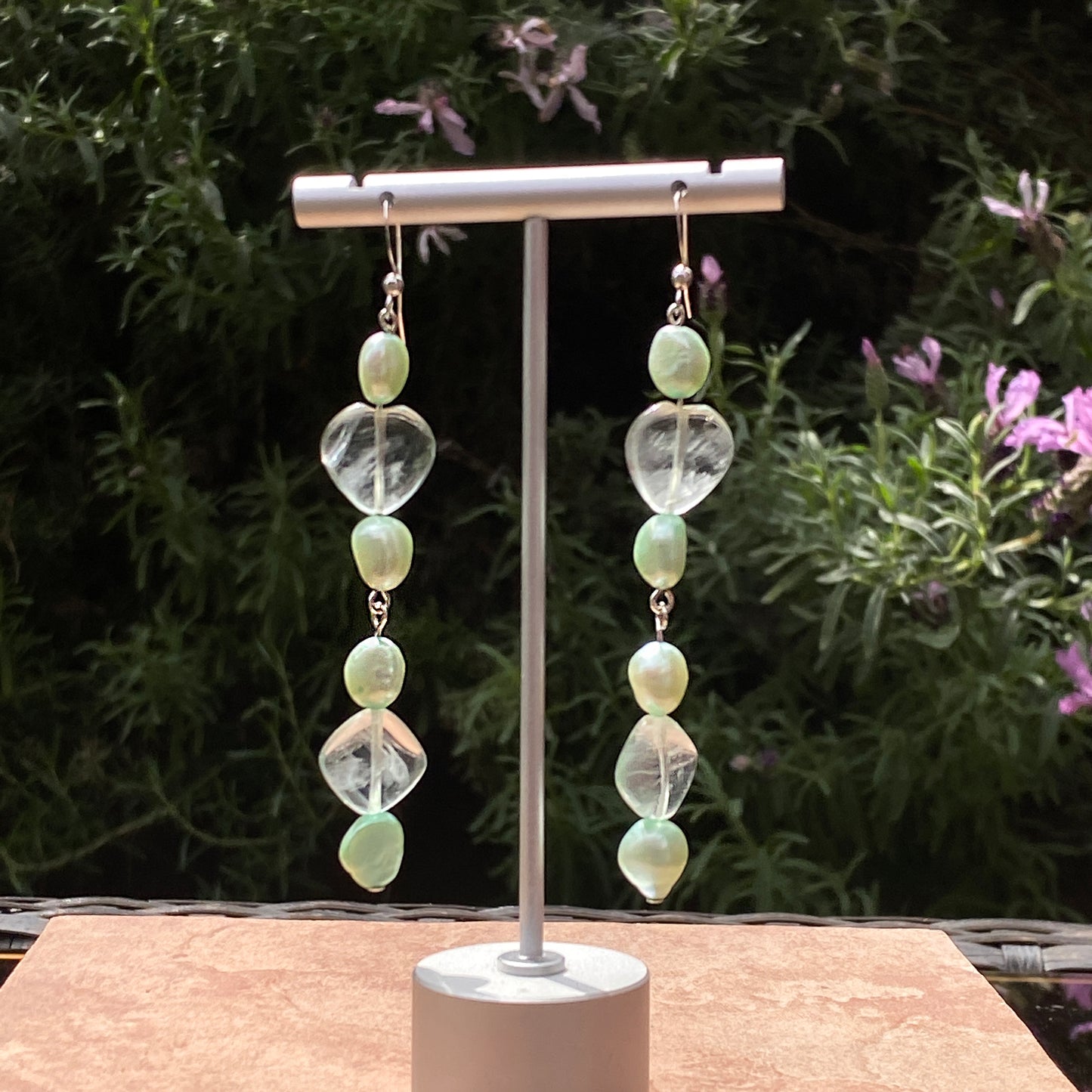 Genuine fresh water Pearls and Fluorite hearts on sterling silver Earrings