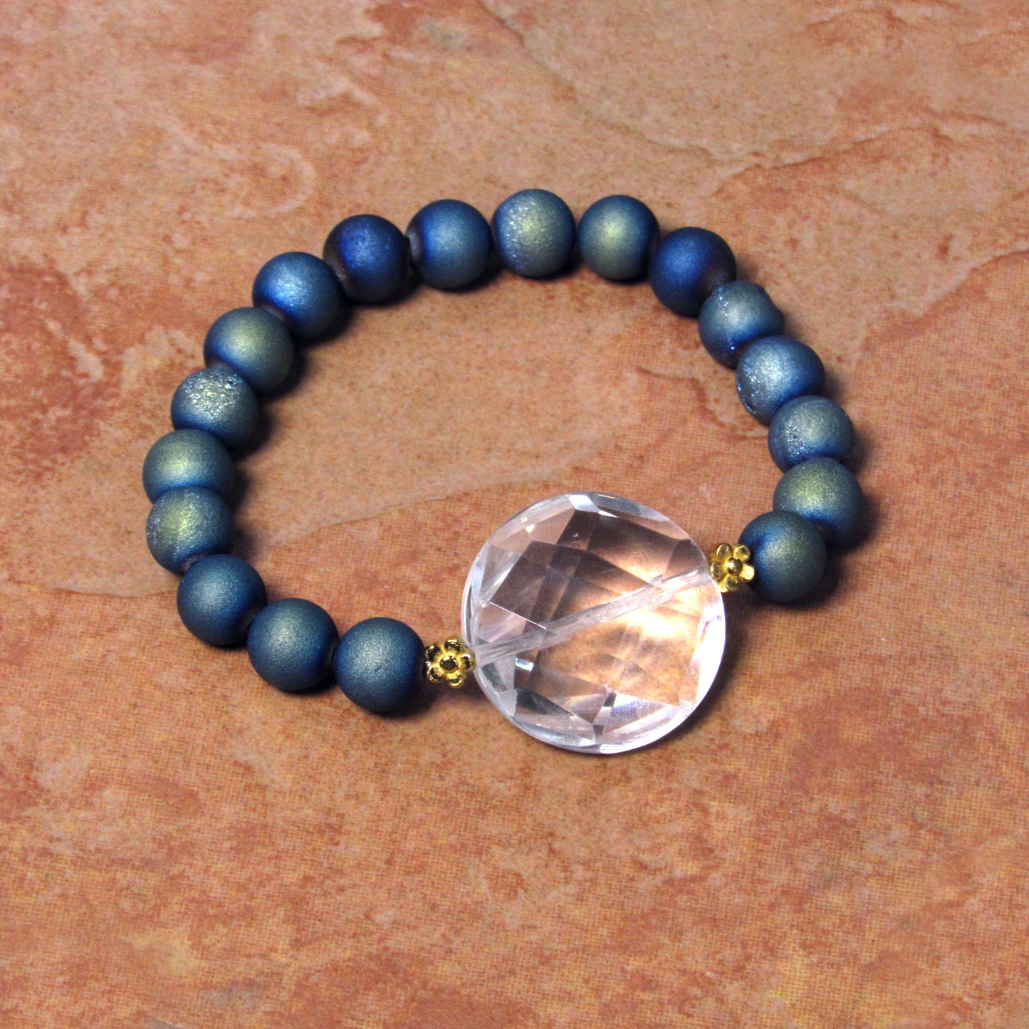 Clear Quartz Gemstone and Druzy Agate  7" stretch Bracelets