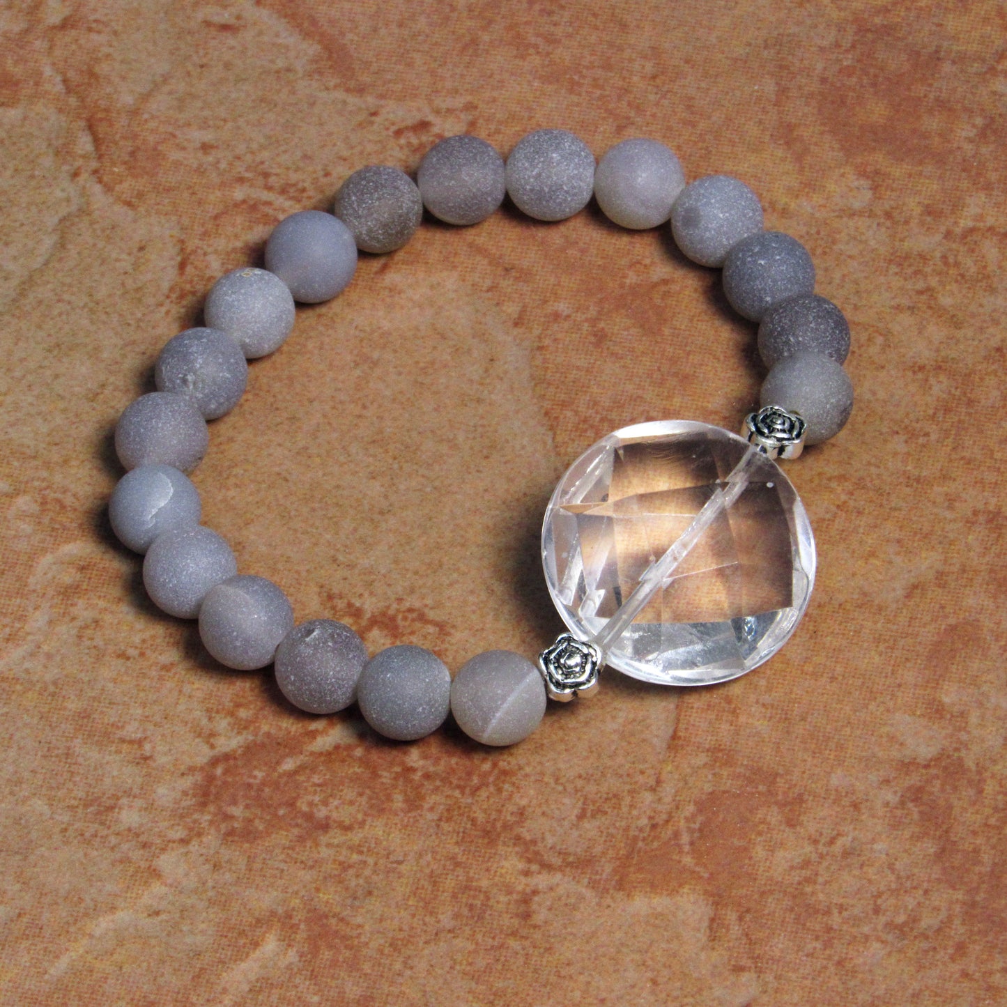 Clear Quartz Gemstone and Druzy Agate  7" stretch Bracelets