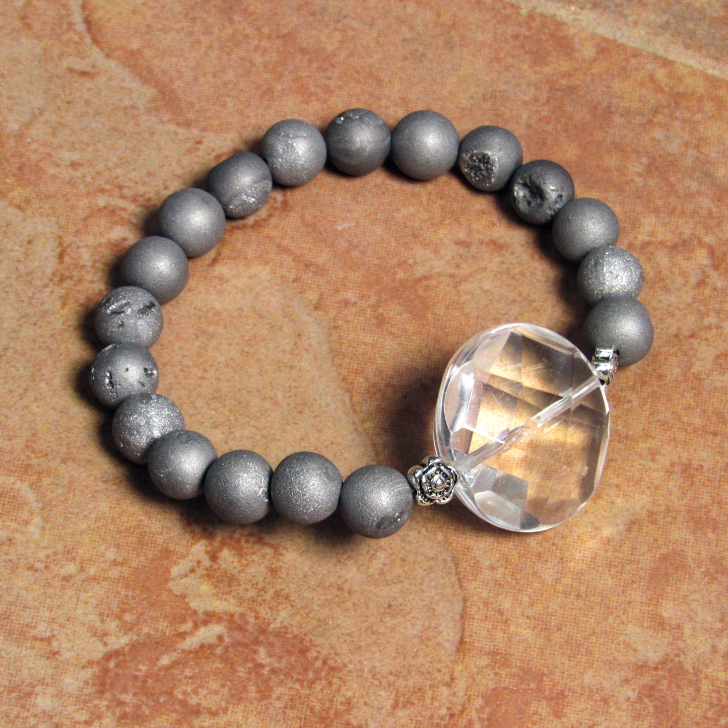 Clear Quartz Gemstone and Druzy Agate  7" stretch Bracelets