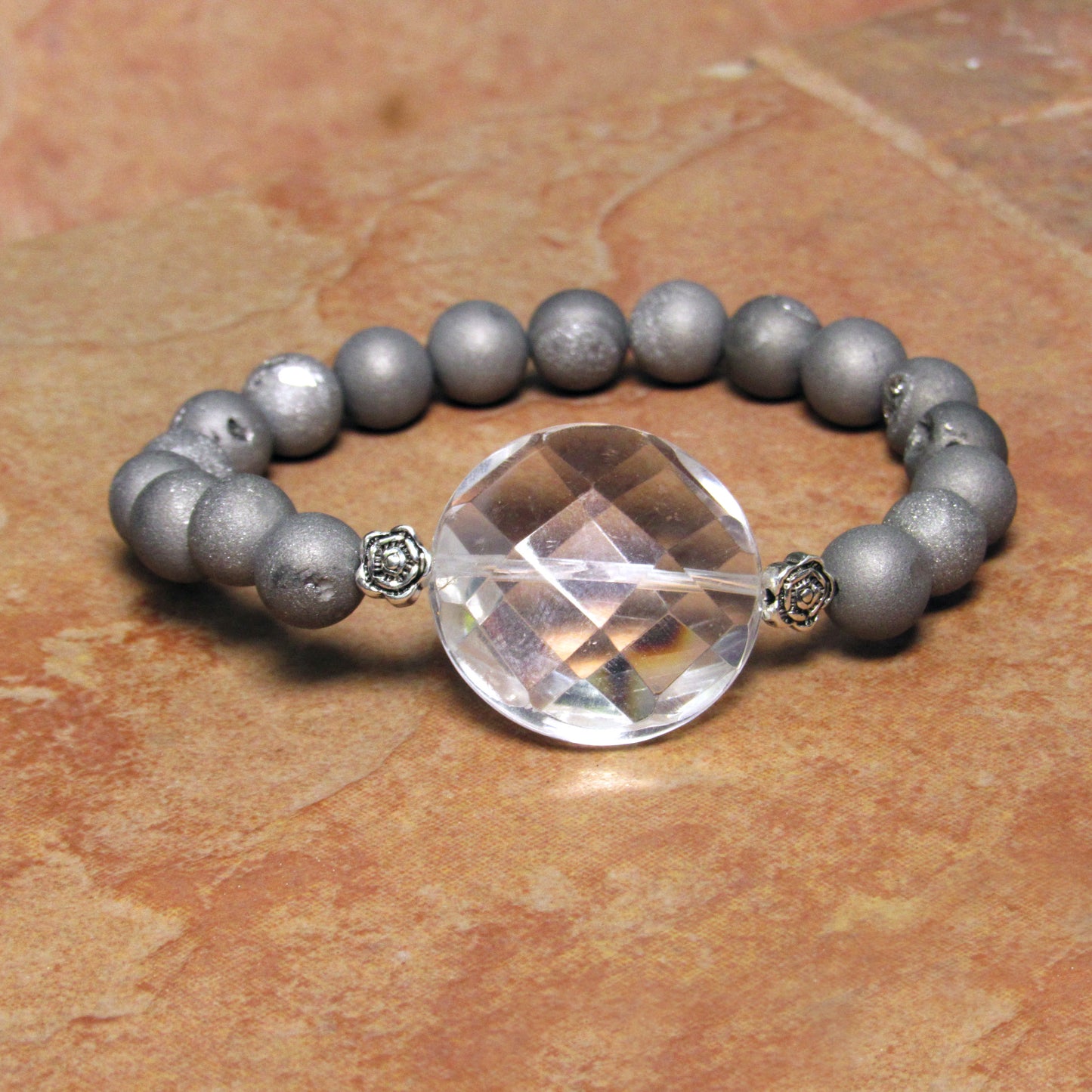 Clear Quartz Gemstone and Druzy Agate  7" stretch Bracelets