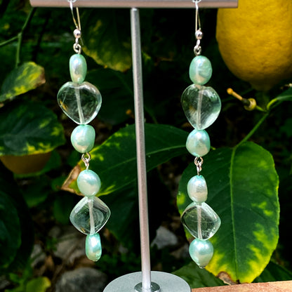 Genuine fresh water Pearls and Fluorite hearts on sterling silver Earrings