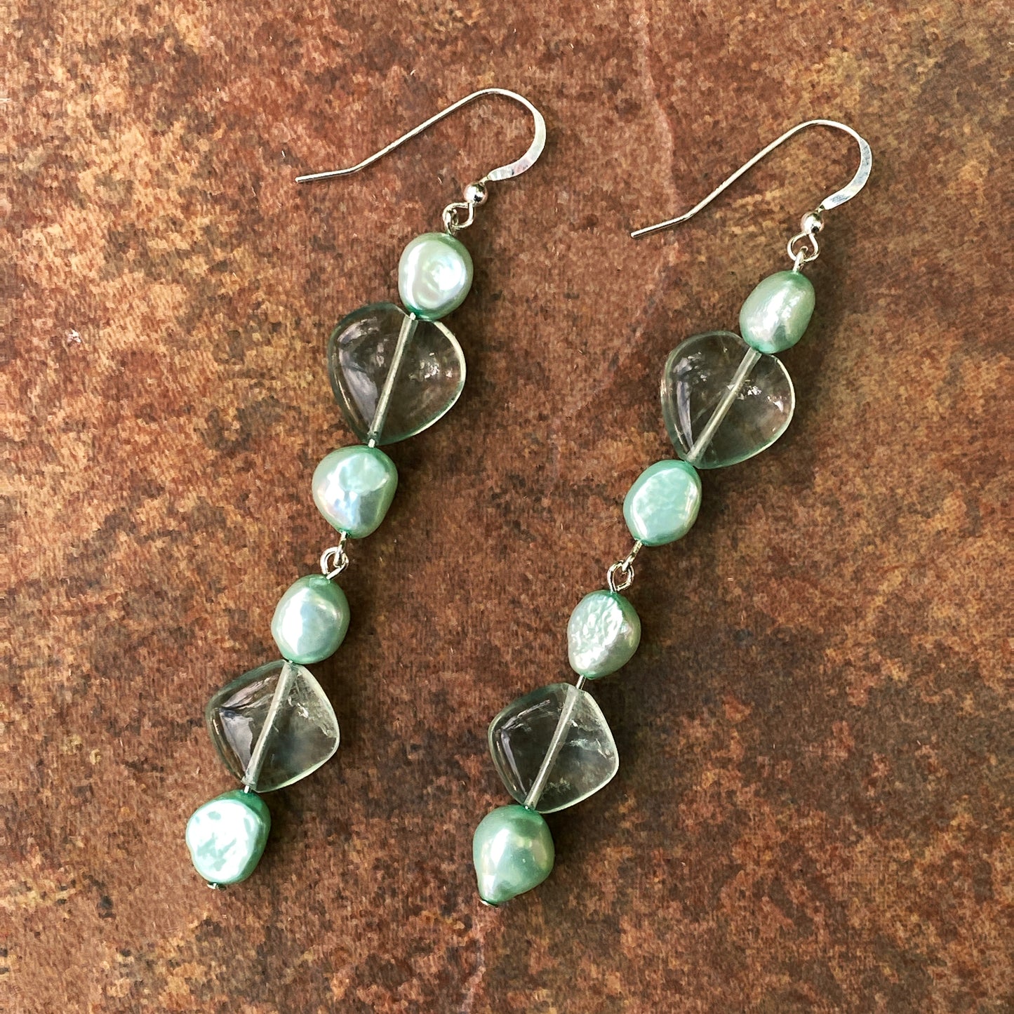 Genuine fresh water Pearls and Fluorite hearts on sterling silver Earrings