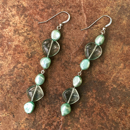 Genuine fresh water Pearls and Fluorite hearts on sterling silver Earrings