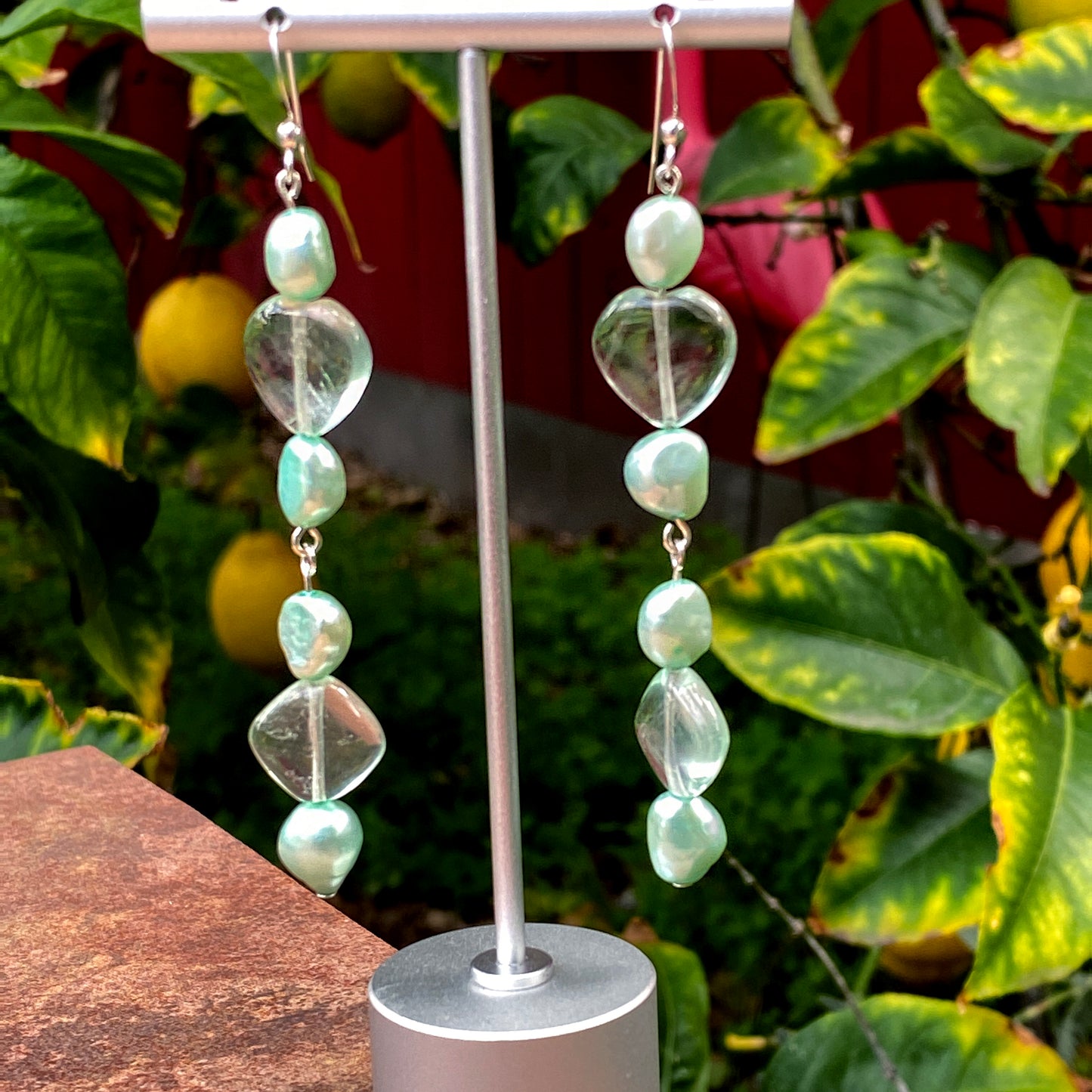 Genuine fresh water Pearls and Fluorite hearts on sterling silver Earrings