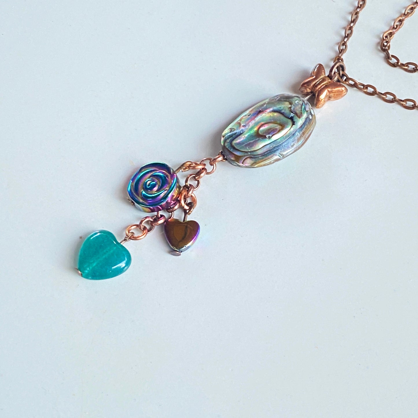 Women's Copper Dream Necklace with Hematite, Abalone & Green Onyx Gemstone Heart