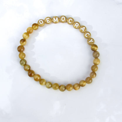 His and Her's Golden Tiger Eye DEMOCRACY phrase Bracelet