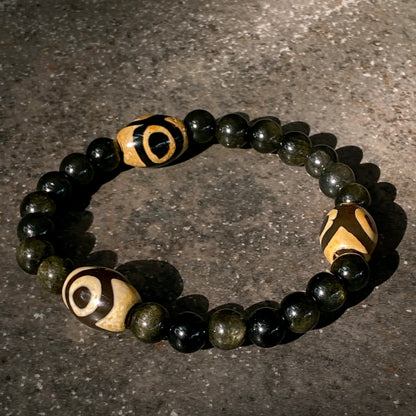 Men's Tibetan Agate and gold Obsidian semiprecious gemstone bracelet