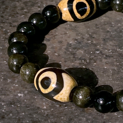 Men's Tibetan Agate and gold Obsidian semiprecious gemstone bracelet