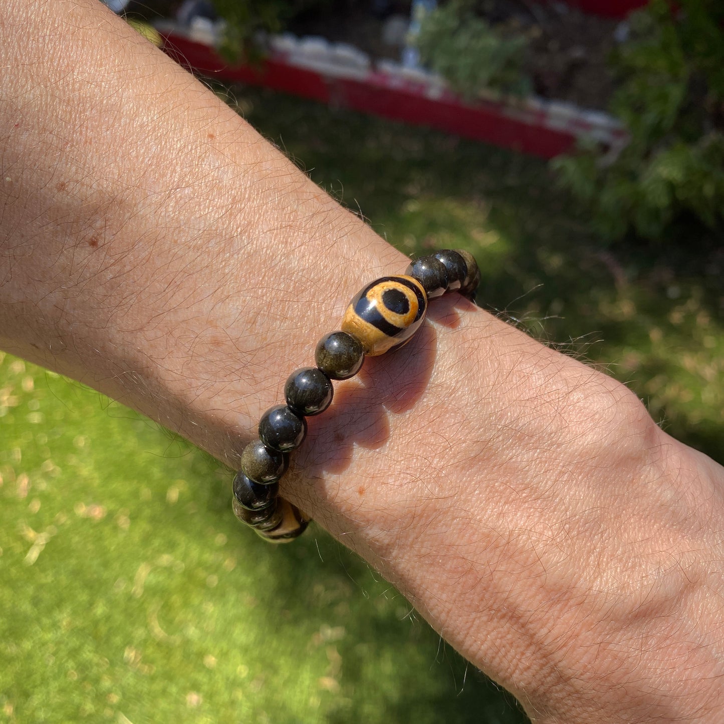 Men's Tibetan Agate and gold Obsidian semiprecious gemstone bracelet