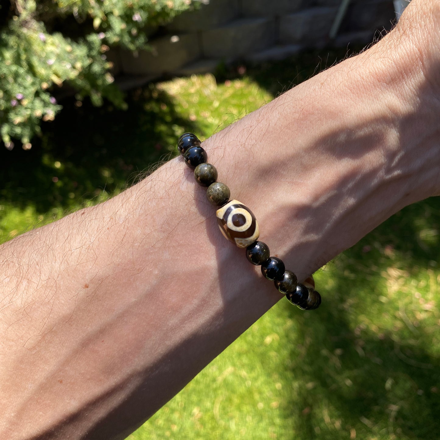 Men's Tibetan Agate and gold Obsidian semiprecious gemstone bracelet