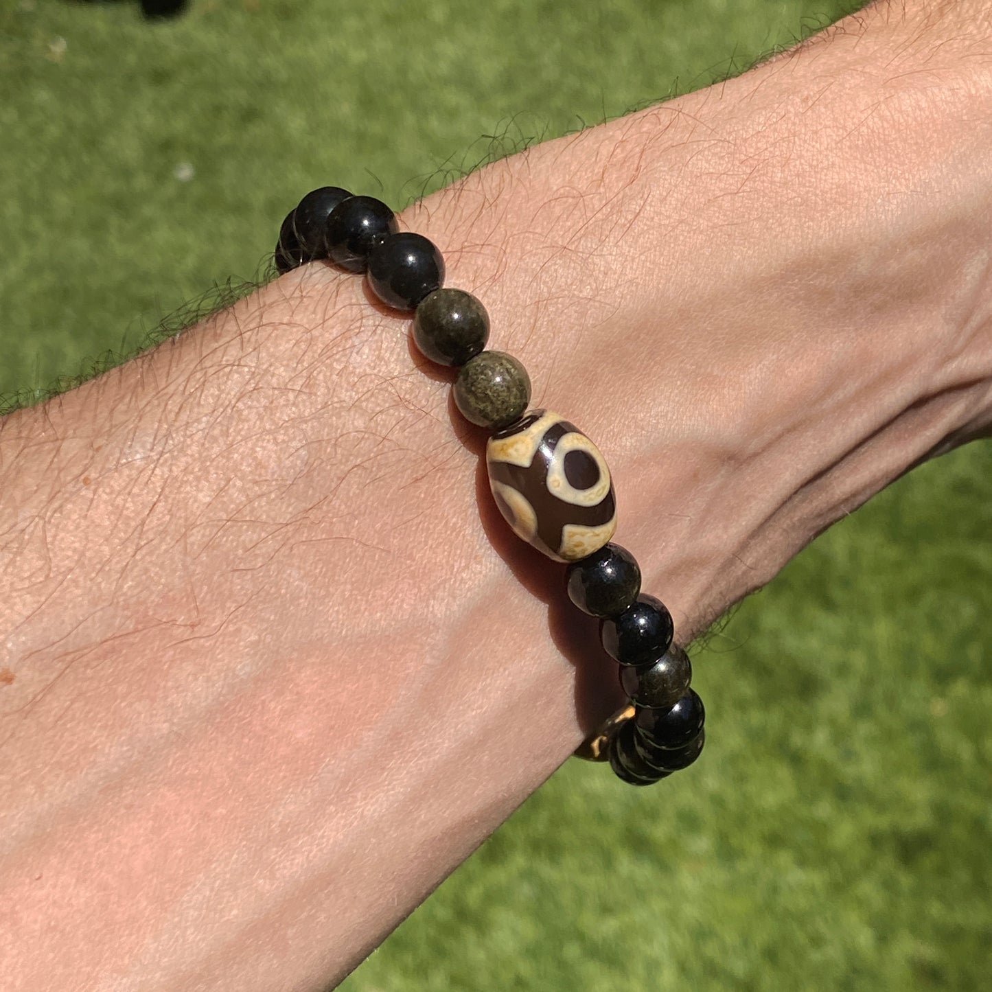 Men's Tibetan Agate and gold Obsidian semiprecious gemstone bracelet