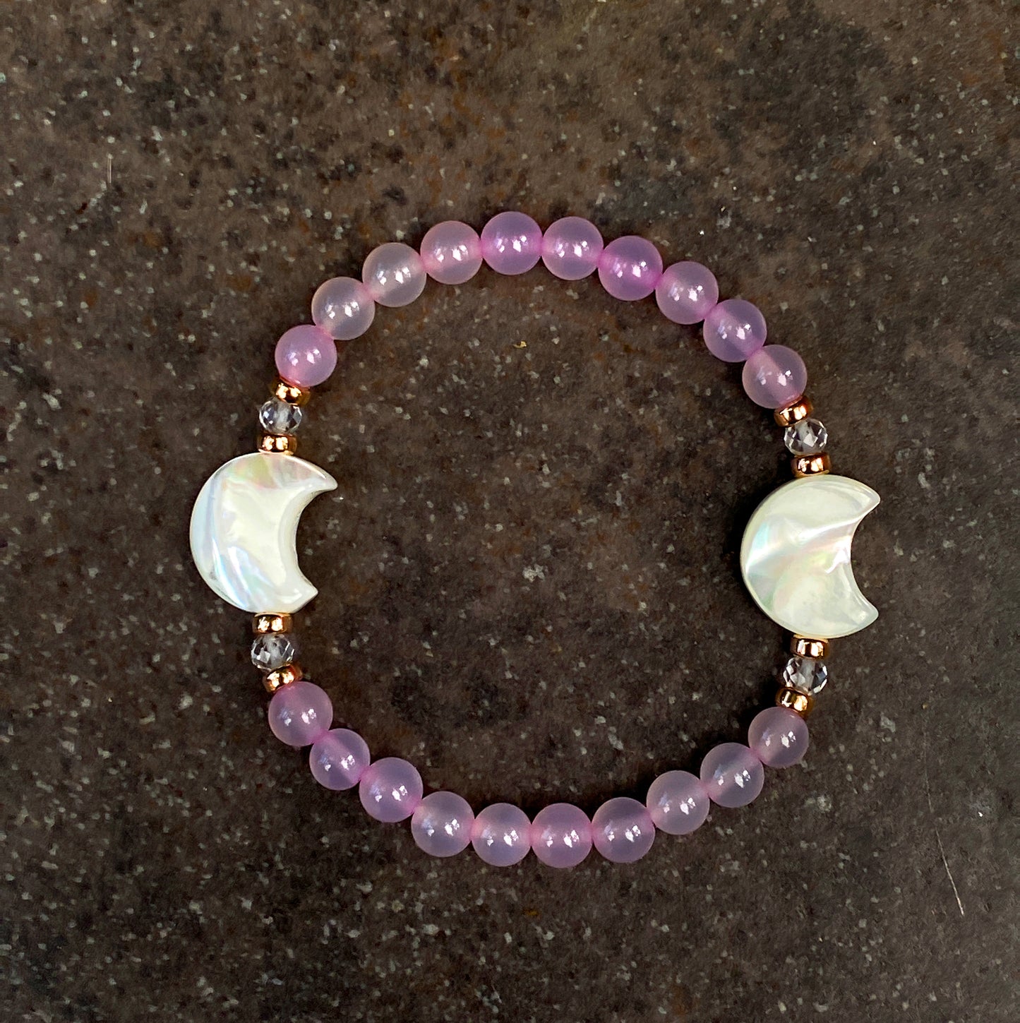 Double mother of pearl Moons, pink Agates, white Topaz Gemstone stretch bracelet