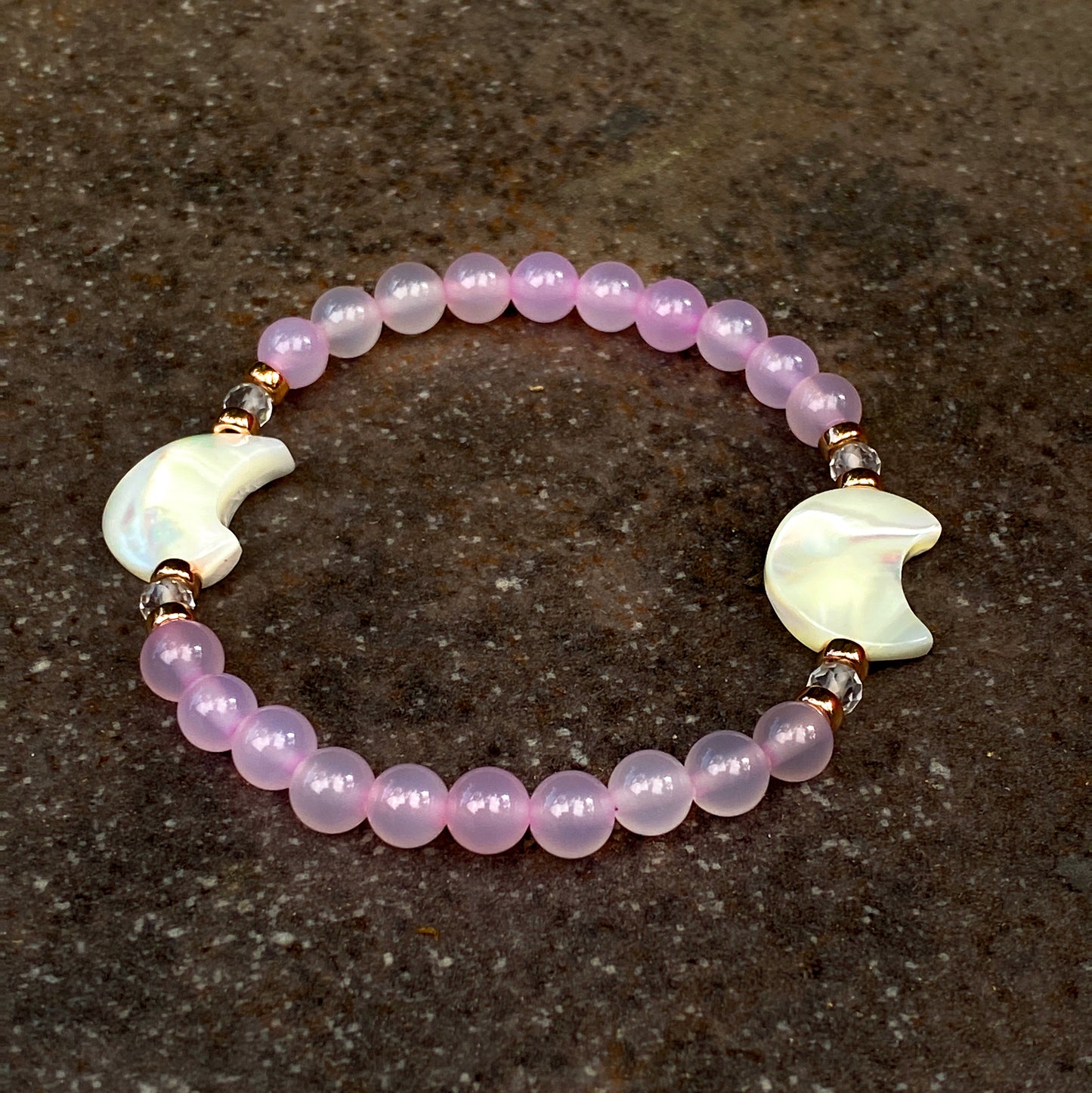 Double mother of pearl Moons, pink Agates, white Topaz Gemstone stretch bracelet