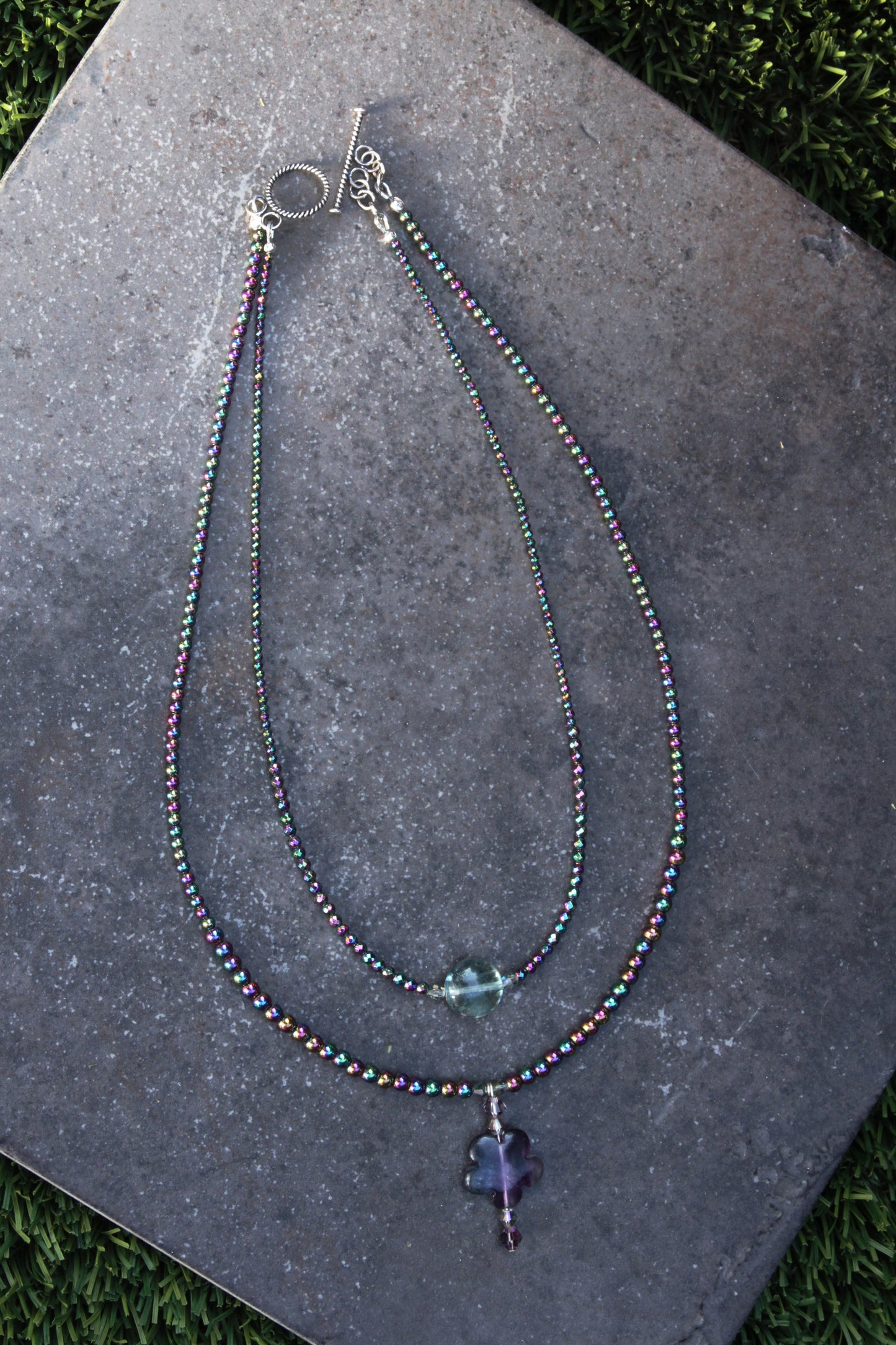 Women's Rainbow Heamatite and Fluorite Gemstone Double Necklace