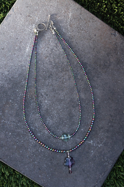 Women's Rainbow Heamatite and Fluorite Gemstone Double Necklace