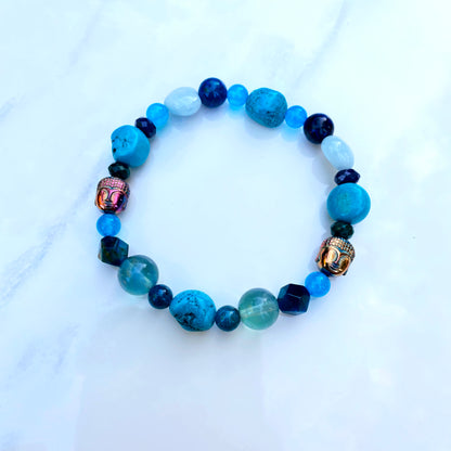 Carved Buddha with Chrysocolla, Turquoise, Blue Sapphire,  Florite Gemstone Bracelet