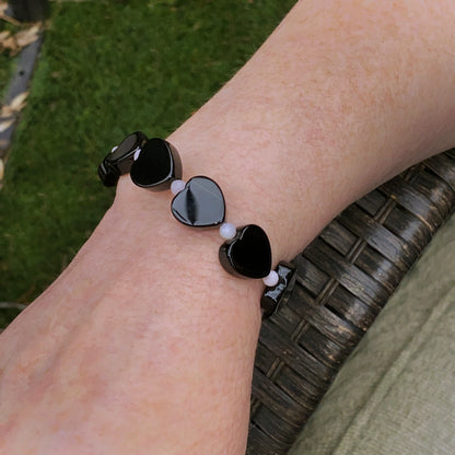 Women's Onyx Hearts & Pink Opal Gemstone bracelet