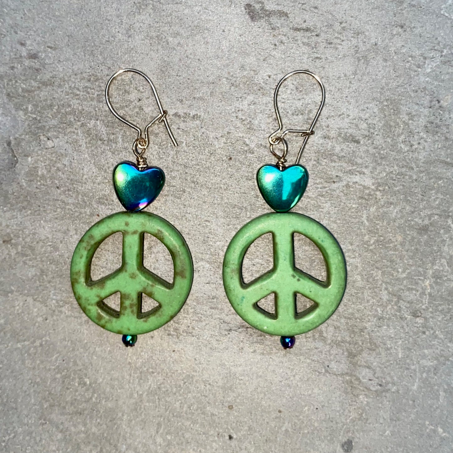 Howlite Peace Sign and Hematite gemstone Heart drop Earrings