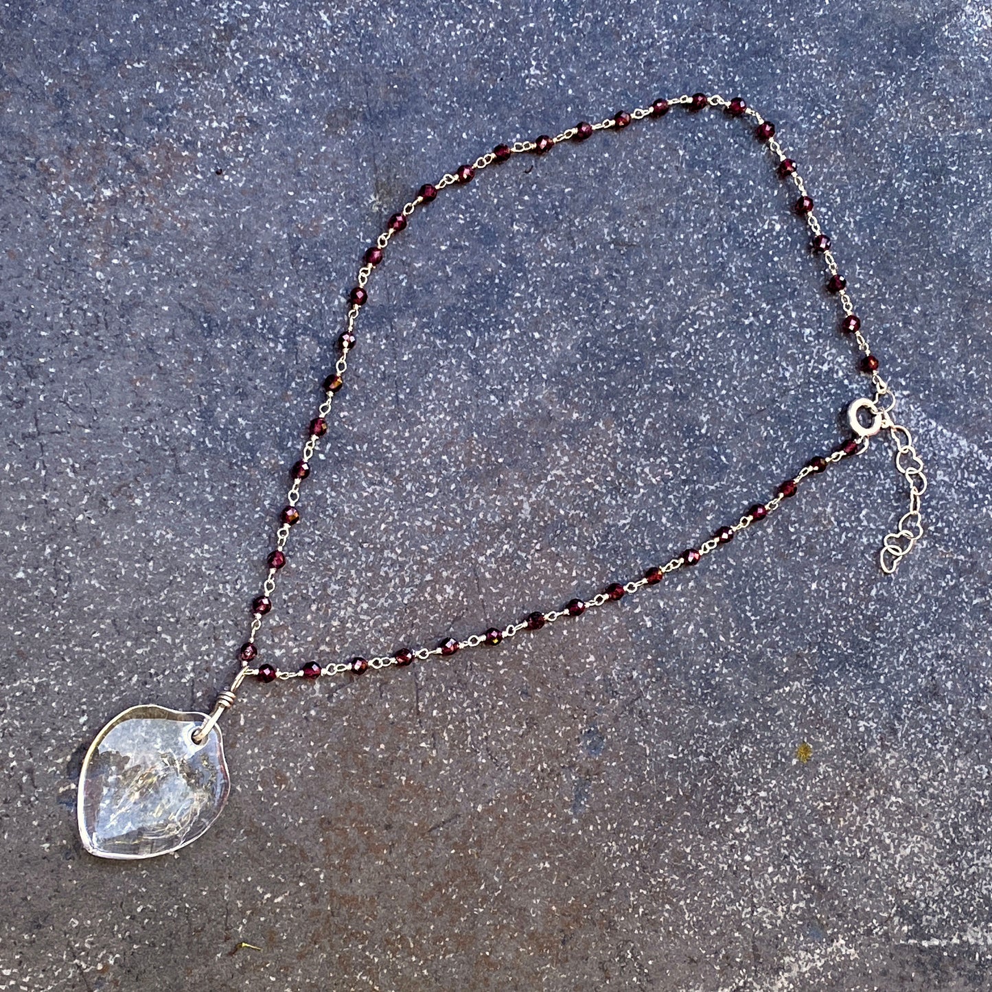Clear Quartz Heart on Garnet Wrapped Sterling Silver Chain Necklace