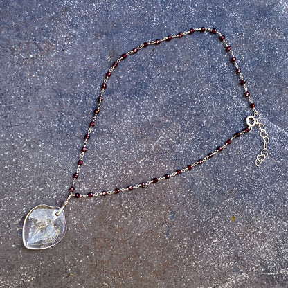 Clear Quartz Heart on Garnet Wrapped Sterling Silver Chain Necklace