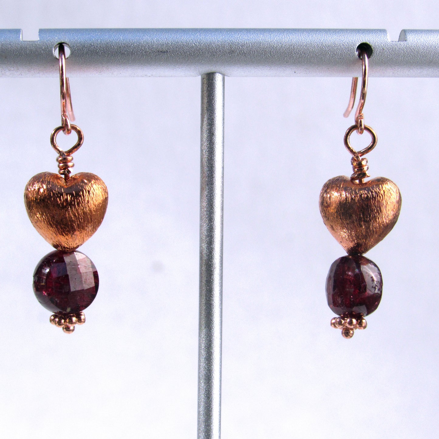 Copper Hearts with Garnet gemstone earrings