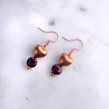 Copper Hearts with Garnet gemstone earrings