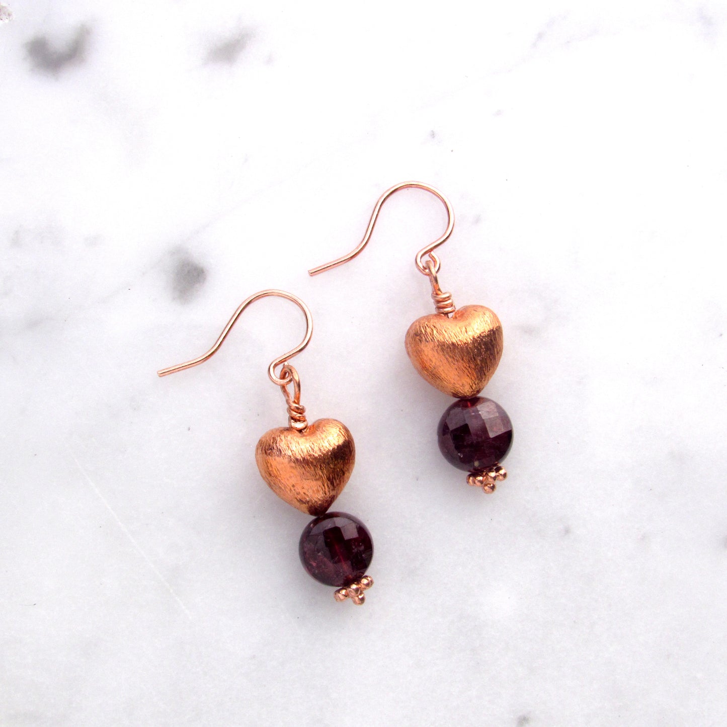 Copper Hearts with Garnet gemstone earrings