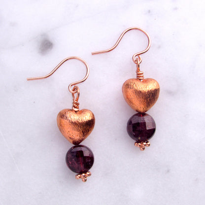 Copper Hearts with Garnet gemstone earrings