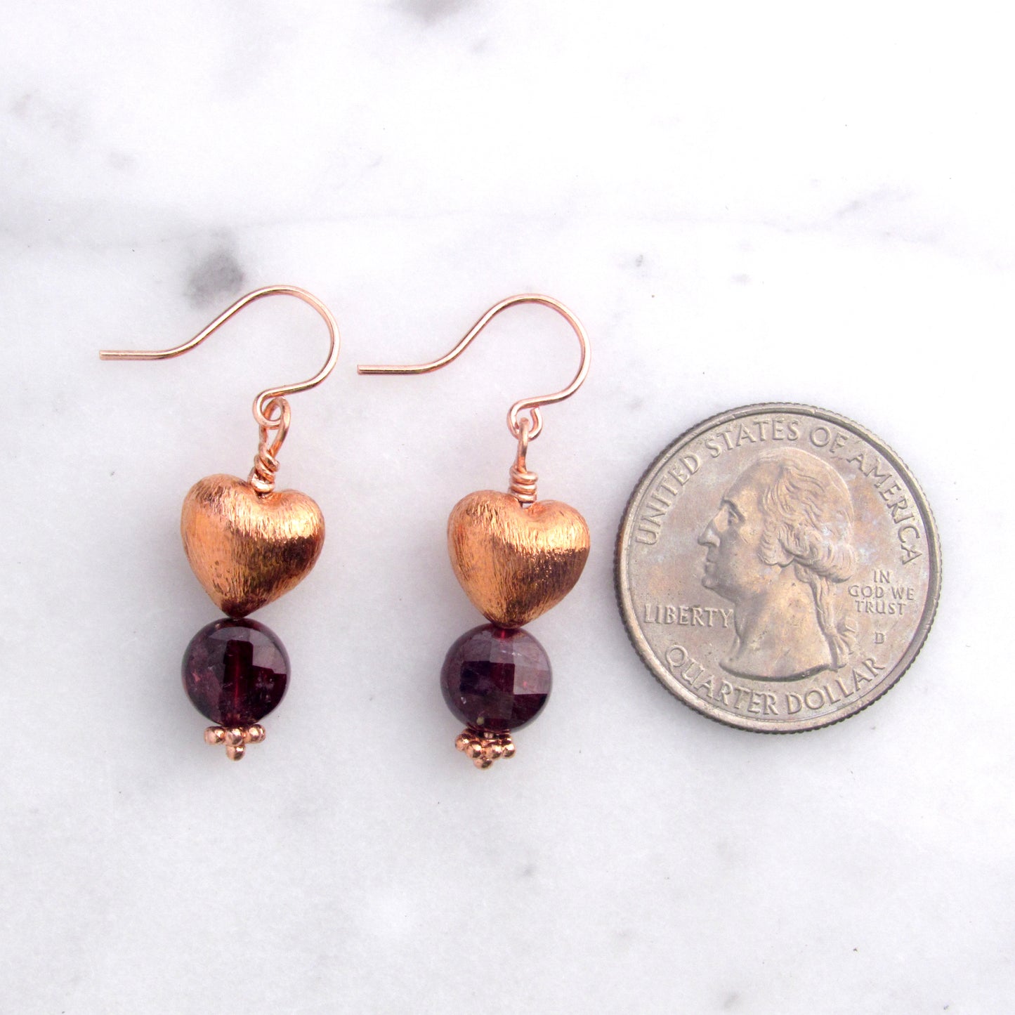 Copper Hearts with Garnet gemstone earrings