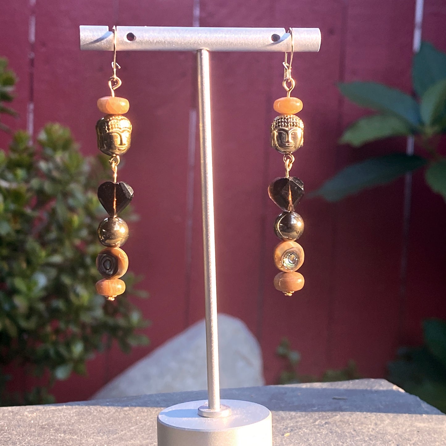 Golden Buddha Head and Topaz Heart Gemstone Earrings