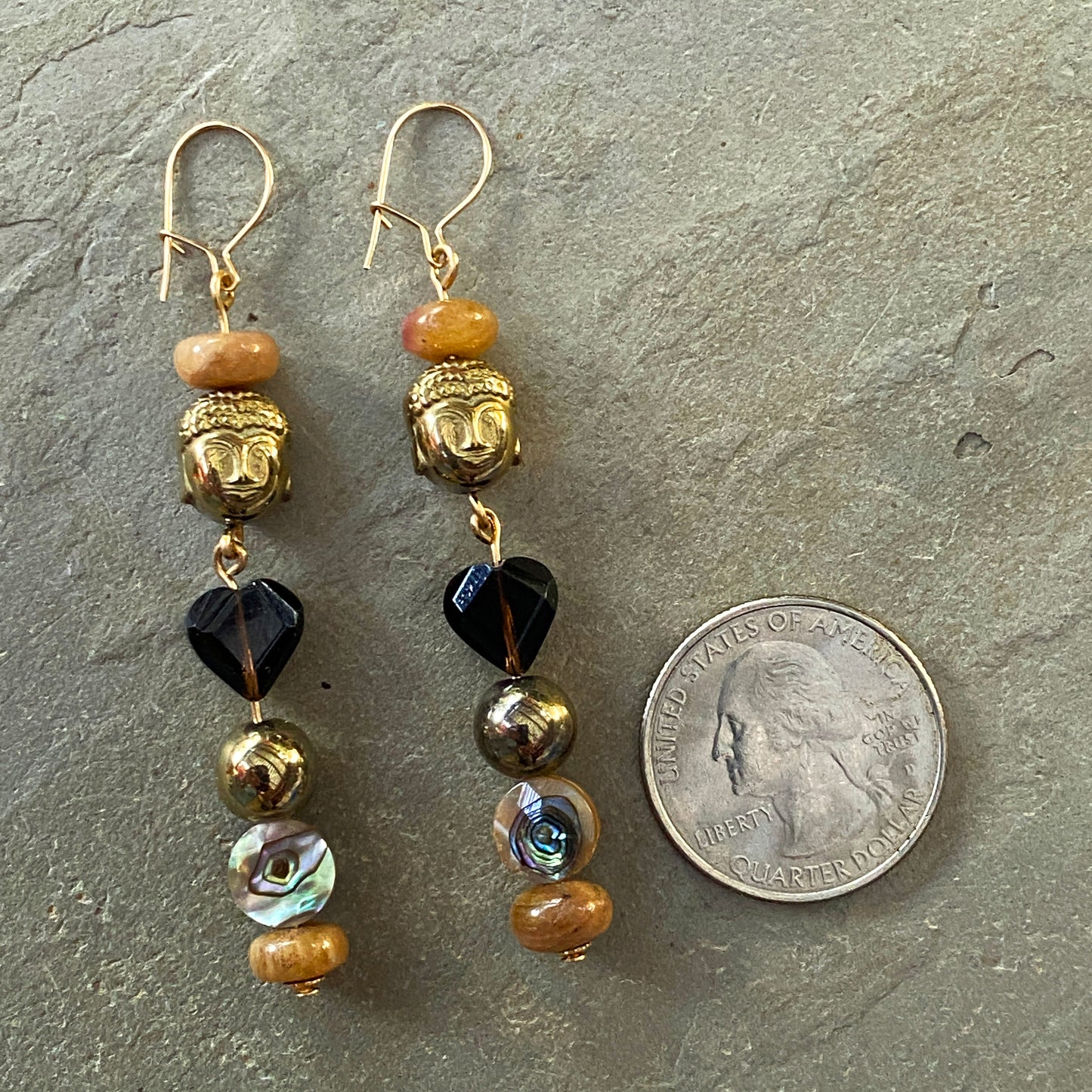 Golden Buddha Head and Topaz Heart Gemstone Earrings