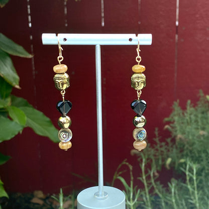 Golden Buddha Head and Topaz Heart Gemstone Earrings