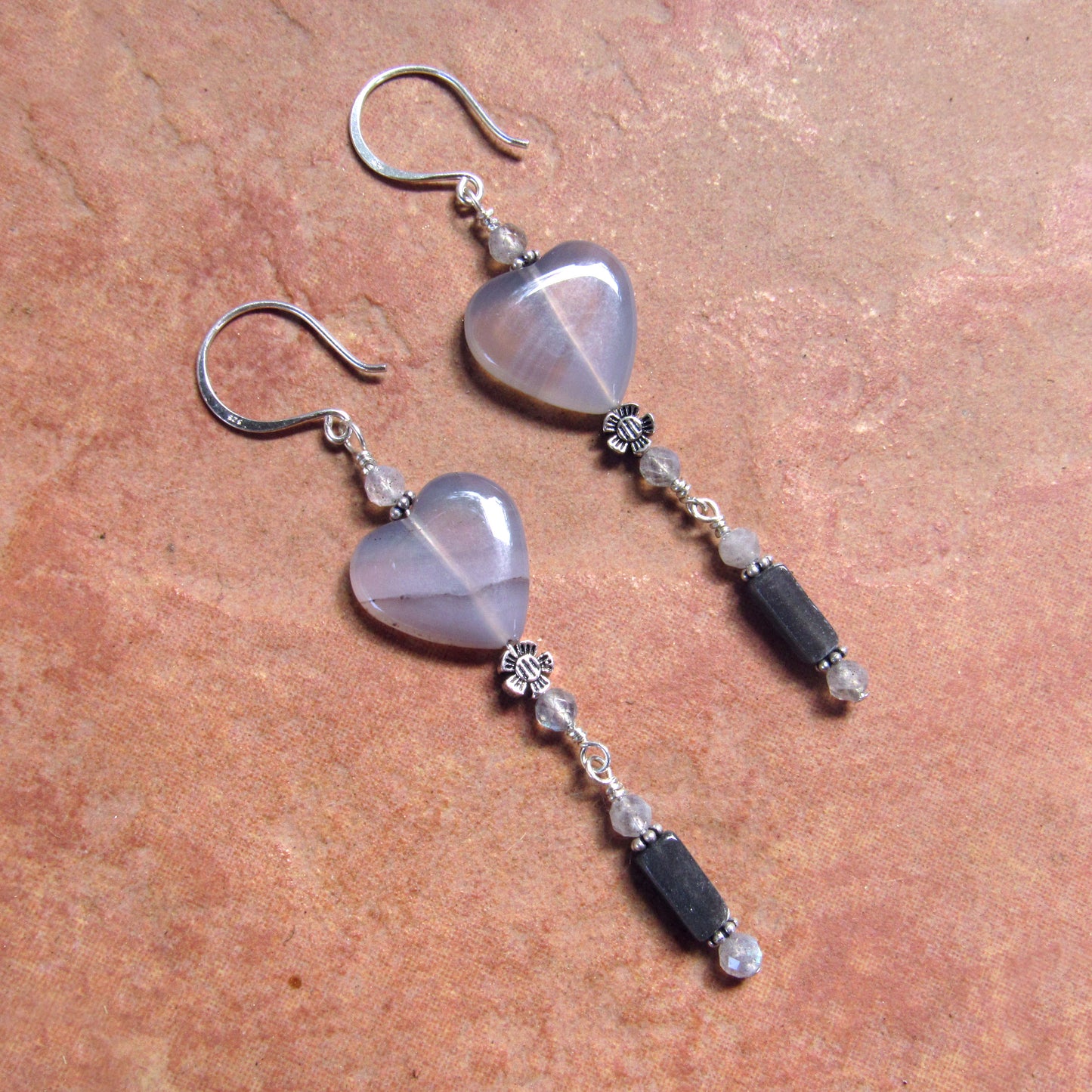 Grey Agate gemstone Hearts, Labradorites, Black Moonstones, Sterling Silver Drop Earrings