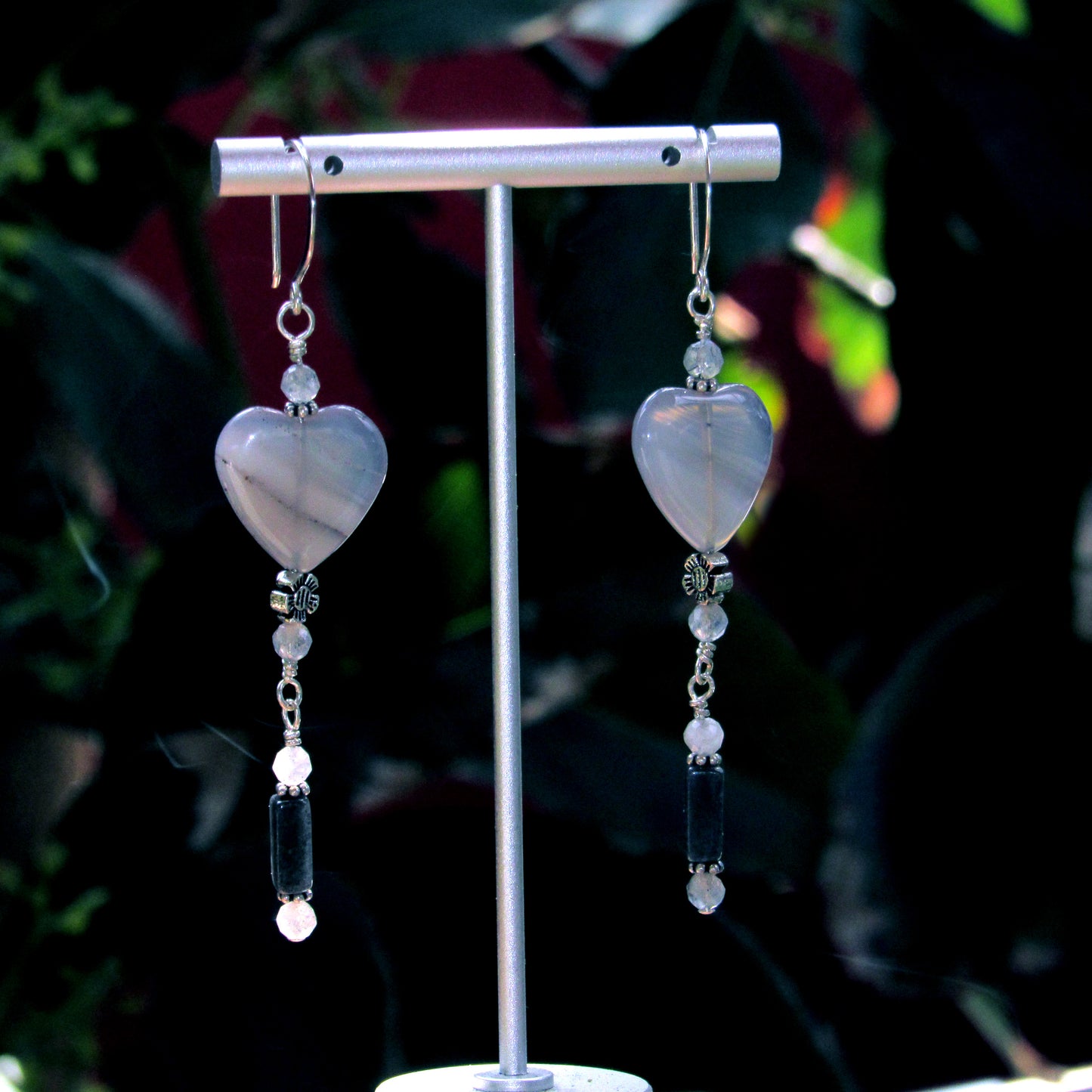 Grey Agate gemstone Hearts, Labradorites, Black Moonstones, Sterling Silver Drop Earrings