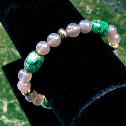 Gray Agate, Pyrite and Chrysoprase Gemstone stretch bracelet