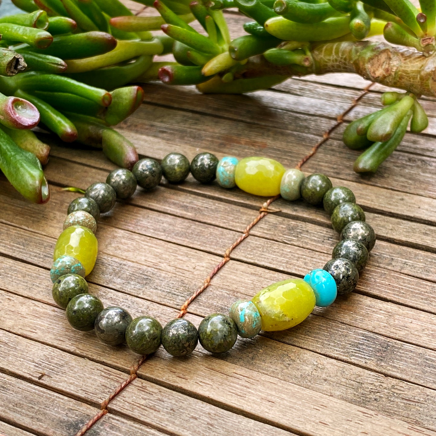 Men’s green Pyrite, Jade, and Boulder Creek Turquoise Gemstone stretch bracelet