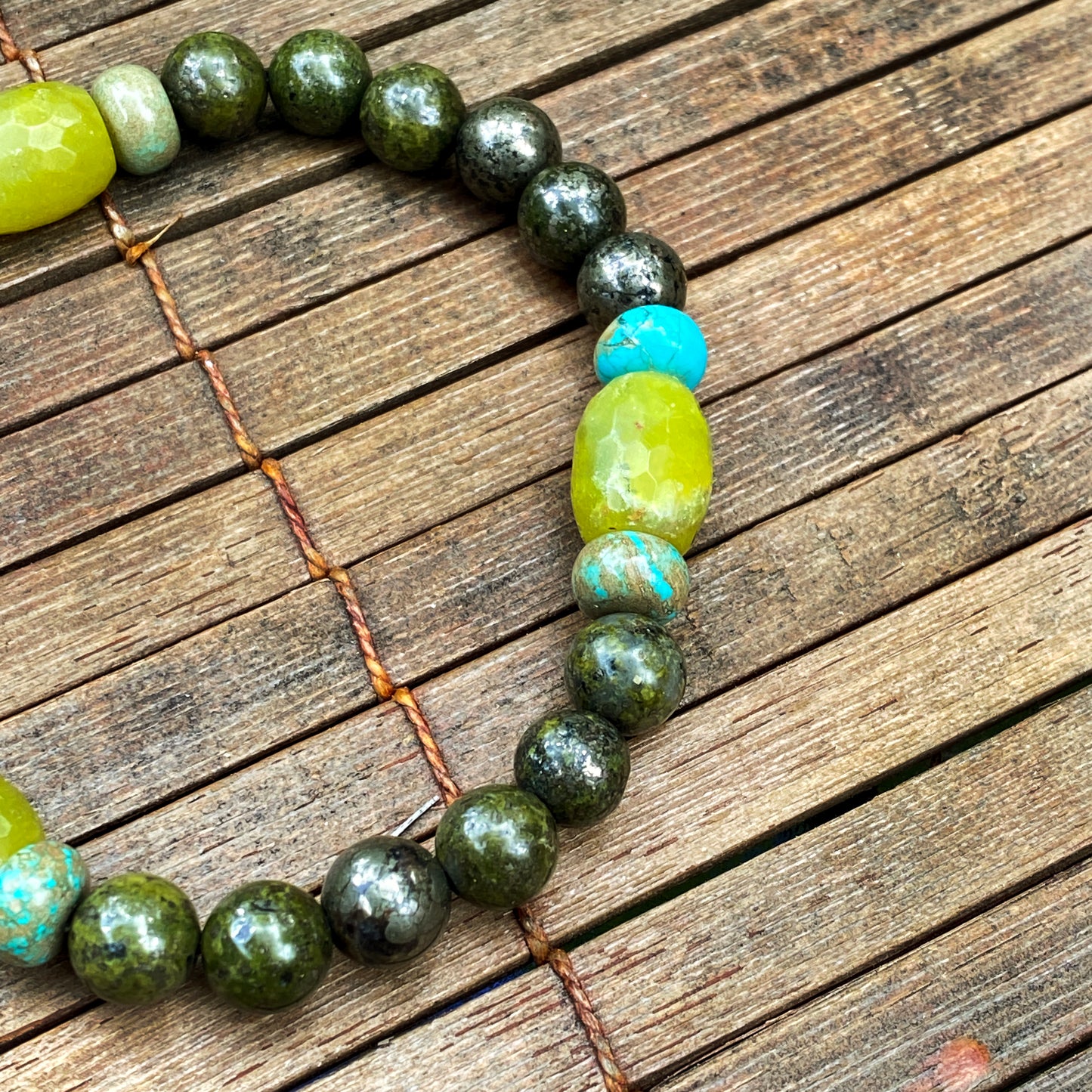 Men’s green Pyrite, Jade, and Boulder Creek Turquoise Gemstone stretch bracelet