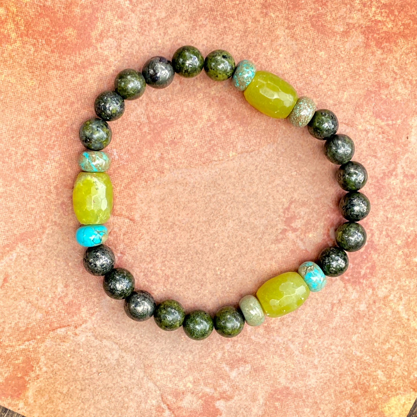 Men’s green Pyrite, Jade, and Boulder Creek Turquoise Gemstone stretch bracelet