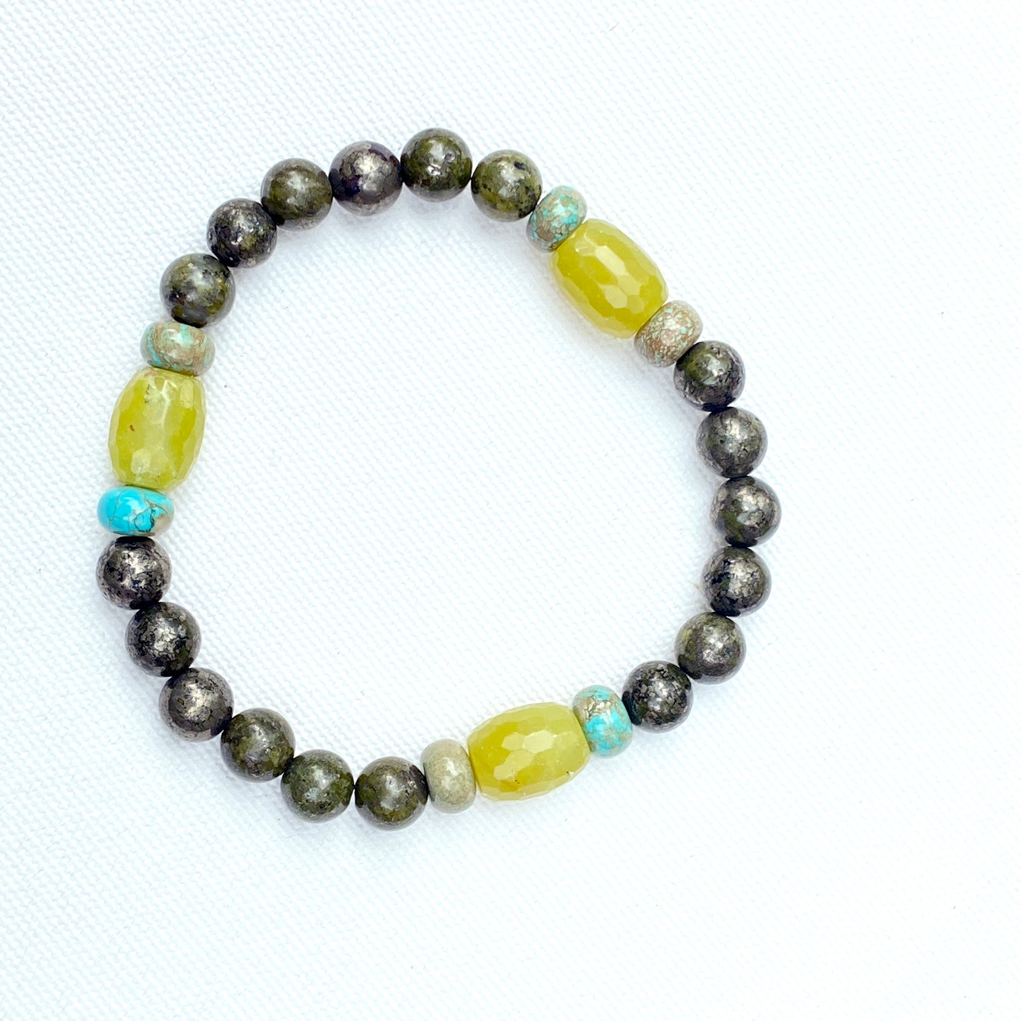 Men’s green Pyrite, Jade, and Boulder Creek Turquoise Gemstone stretch bracelet