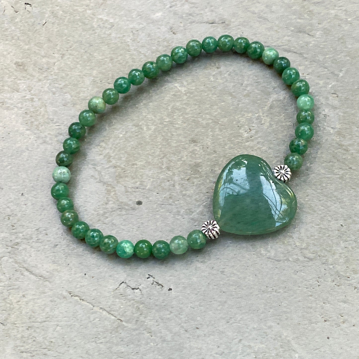 Aventurine Gemstone Heart, Sterling Silver, and Green African Jade Bracelet