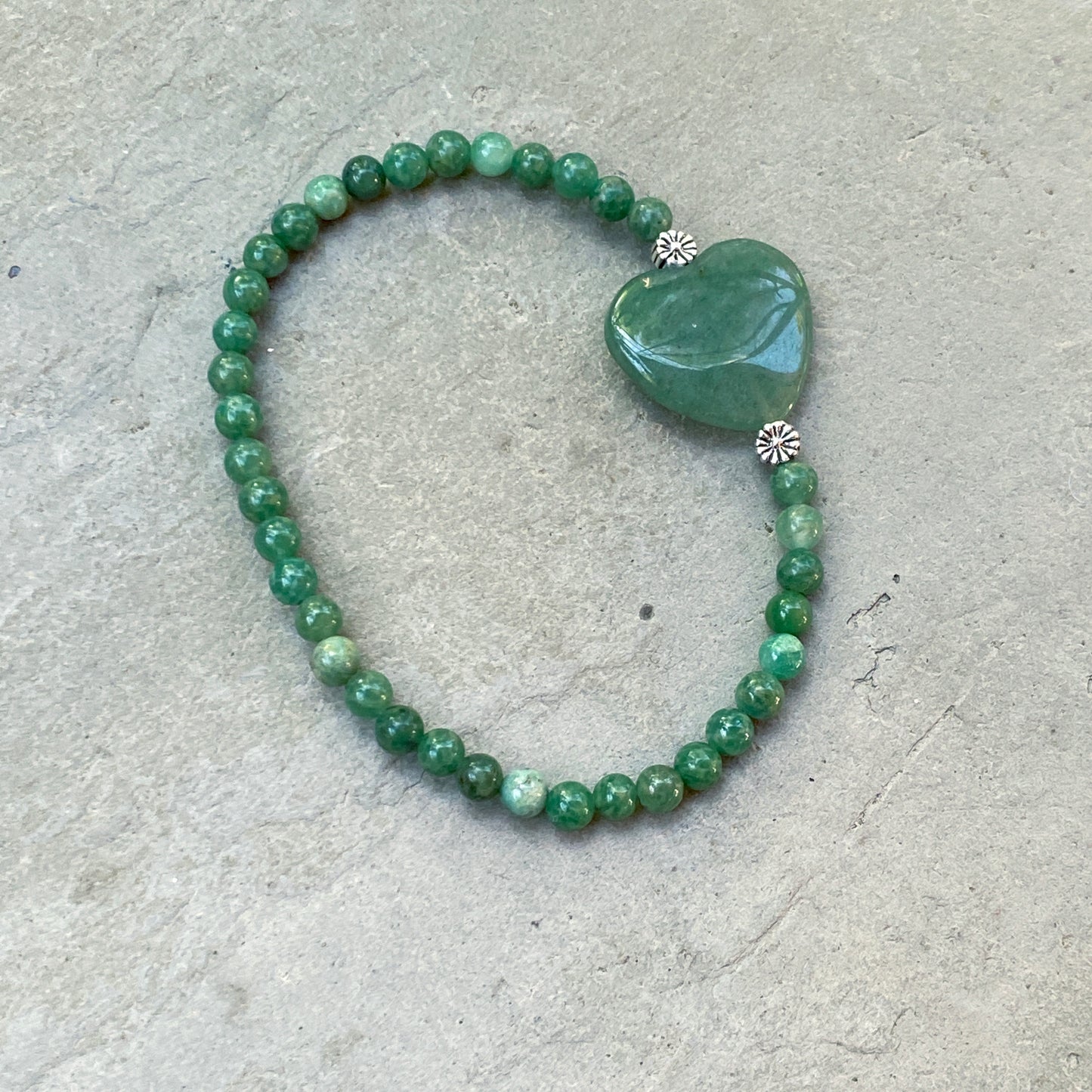 Aventurine Gemstone Heart, Sterling Silver, and Green African Jade Bracelet