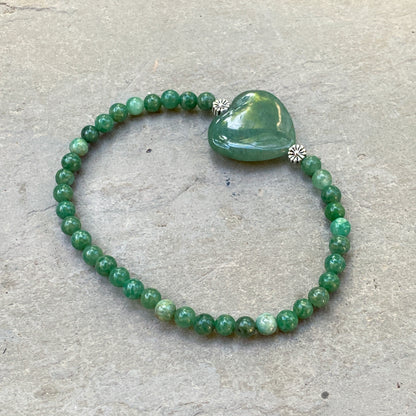 Aventurine Gemstone Heart, Sterling Silver, and Green African Jade Bracelet