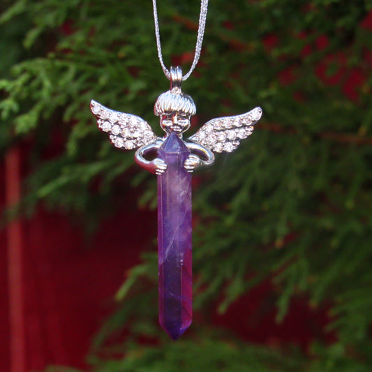 Genuine Amethyst Gemstone shard and Angel Hanging Ornament