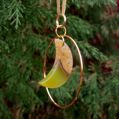 Hanging Yellow Druzy Agate Moon and Brass Ring