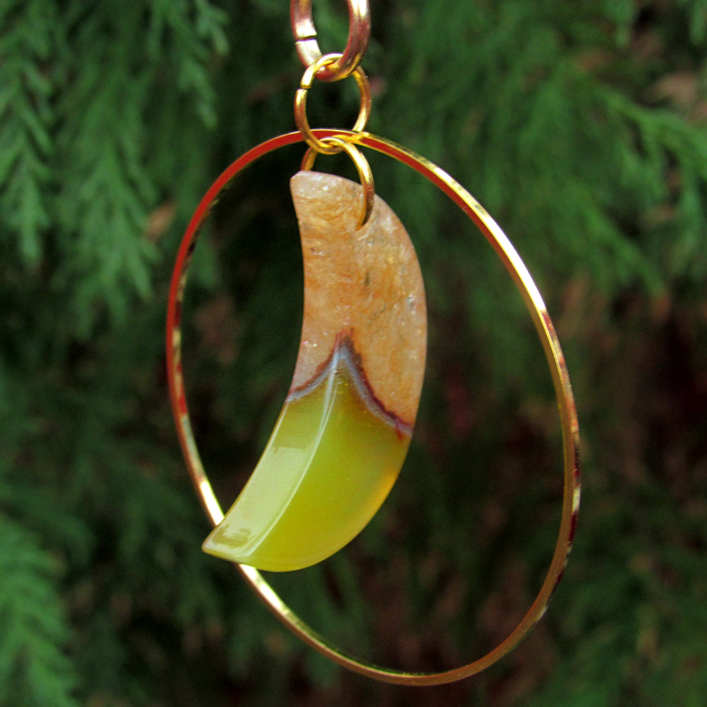 Hanging Yellow Druzy Agate Moon and Brass Ring