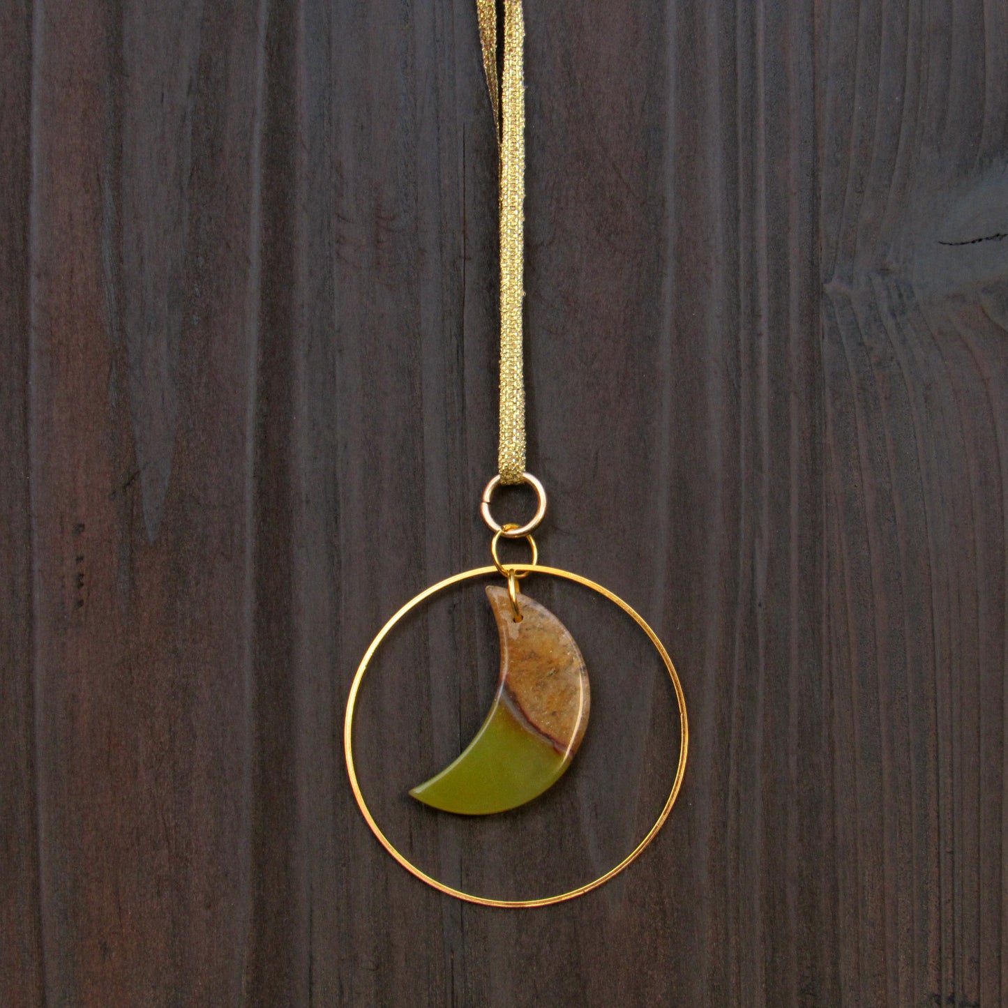 Hanging Yellow Druzy Agate Moon and Brass Ring