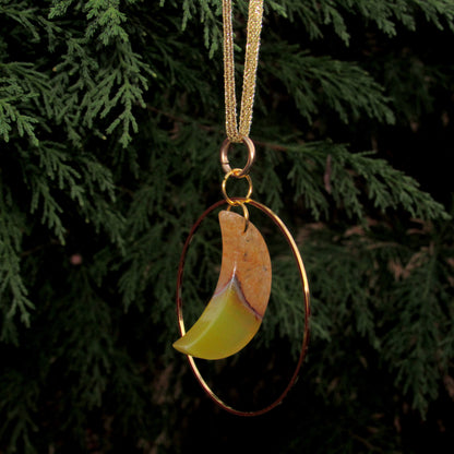 Hanging Yellow Druzy Agate Moon and Brass Ring