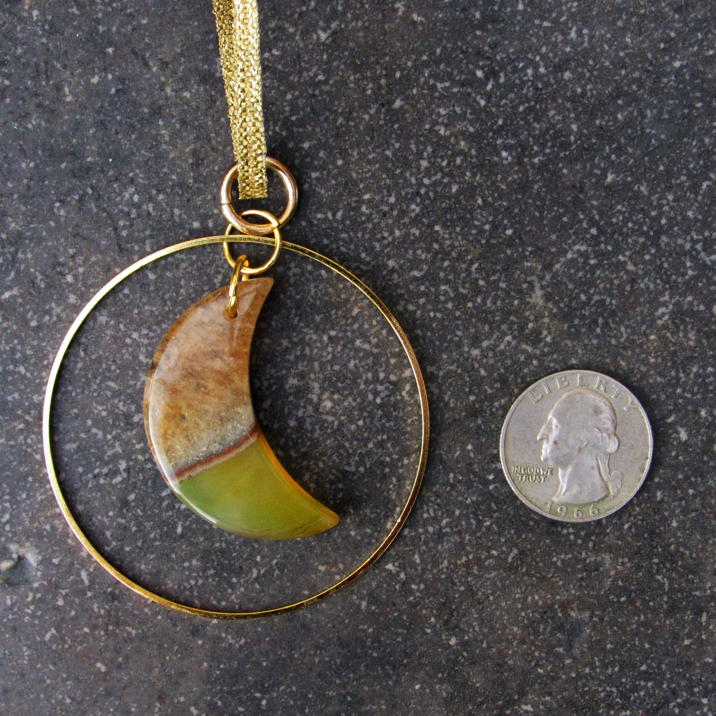 Hanging Yellow Druzy Agate Moon and Brass Ring