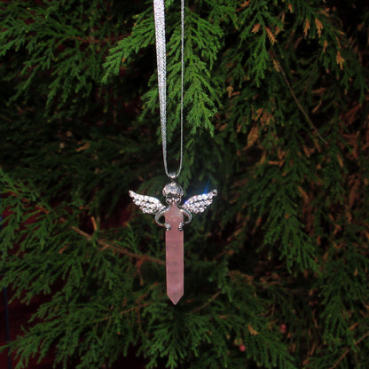 Genuine Rose Quartz Gemstone shard and Angel Hanging Ornament